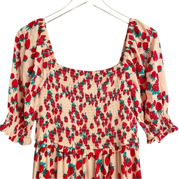 Betsey Johnson Strawberry Print Smocked Maxi Tiered Red Pink Dress Size Medium - Picture 3 of 7